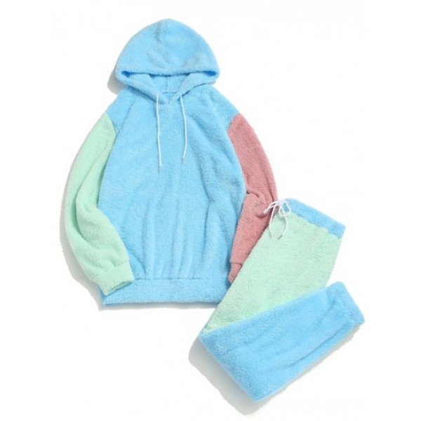 Colorblock Panel Fluffy Hoodie And Pants...