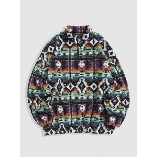 Ethnic Tribal Aztec Printed Zip Up Fluff...