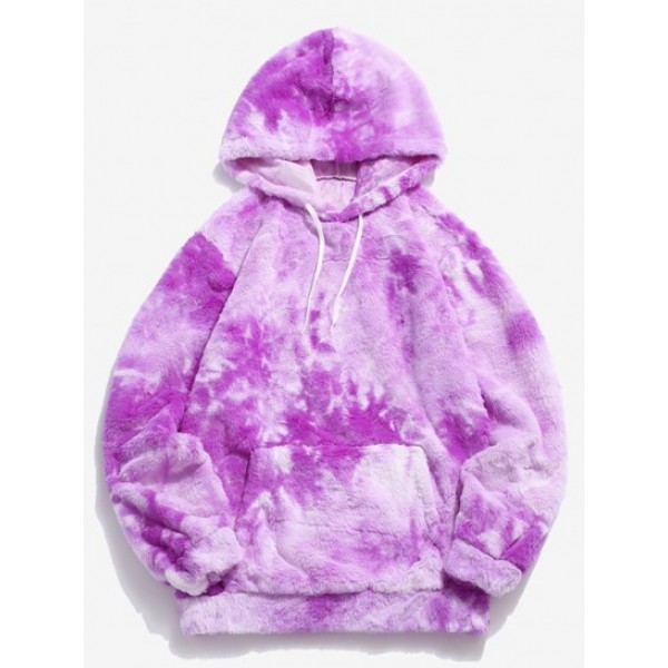 Kangaroo Pocket Tie Dye Pattern Faux Fur...