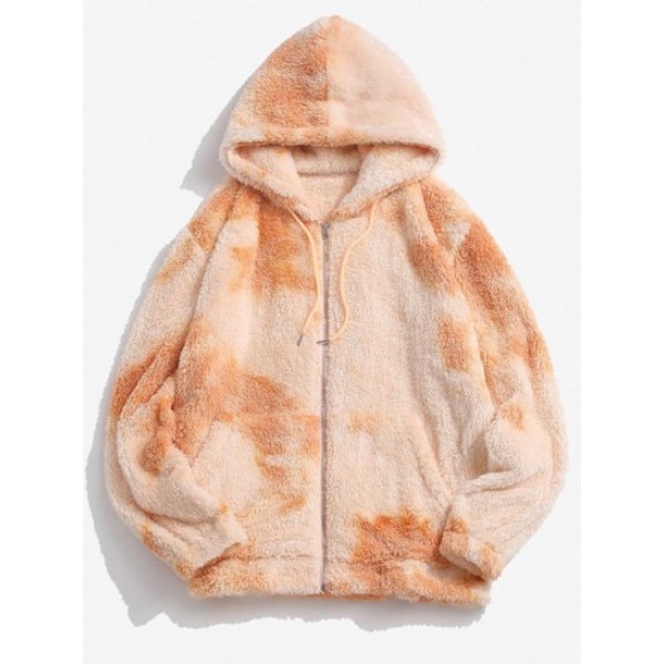 Hooded Zip Up Tie Dye Fuzzy Fluffy Jacke...