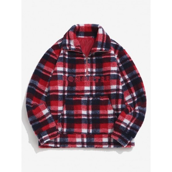 Plaid Letter Embroidery Quarter Zip Tedd...