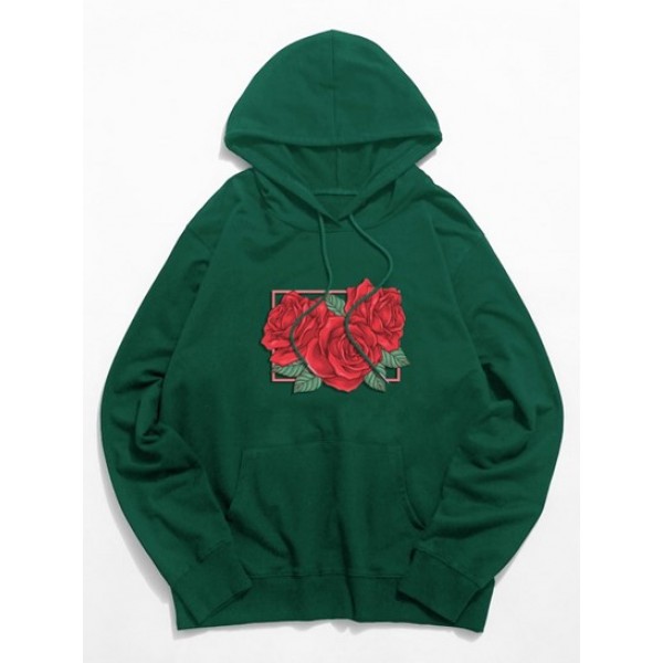 Vintage Rose Floral Graphic Drawstring Pouch Pocket Hoodie