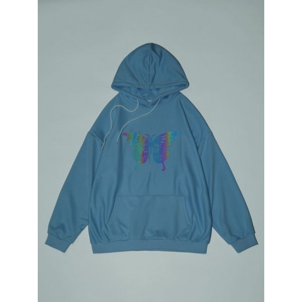 Y2K Aesthetic Reflective Butterfly Print Drop Shoulder Hoodie