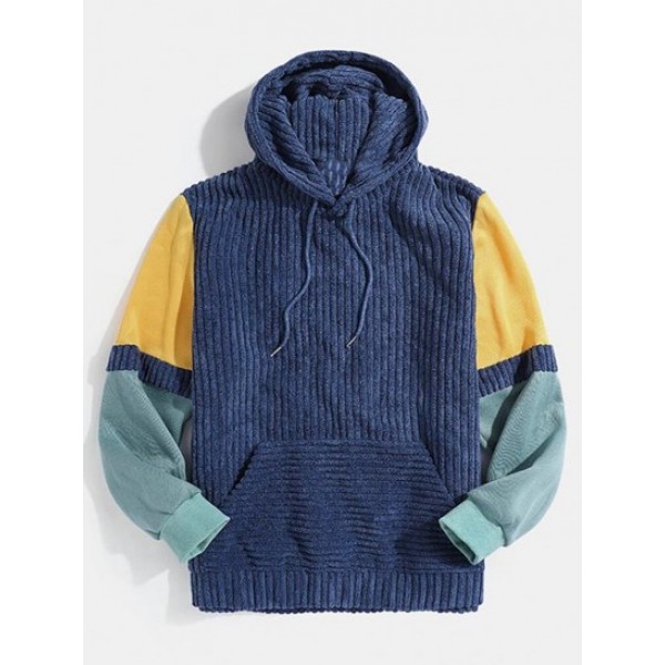 Front Pocket Colorblock Corduroy Hoodie