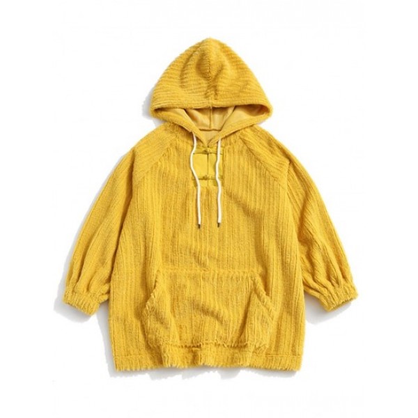 Frog Button Ribbed Fuzzy Hoodie