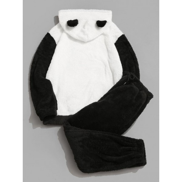 Letter Applique Faux Fur Fluffy Hoodie And Pants Set