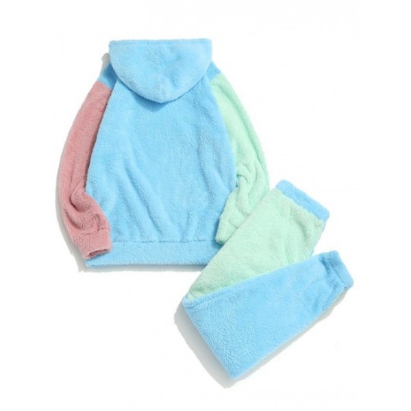 Colorblock Panel Fluffy Hoodie And Pants Two Piece Set