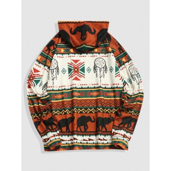 Elephant Ethnic Aztec Tribal Print Kangaroo Pocket Hoodie