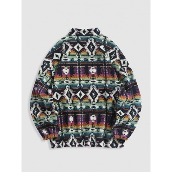 Ethnic Tribal Aztec Printed Zip Up Fluffy Teddy Sweatshirt