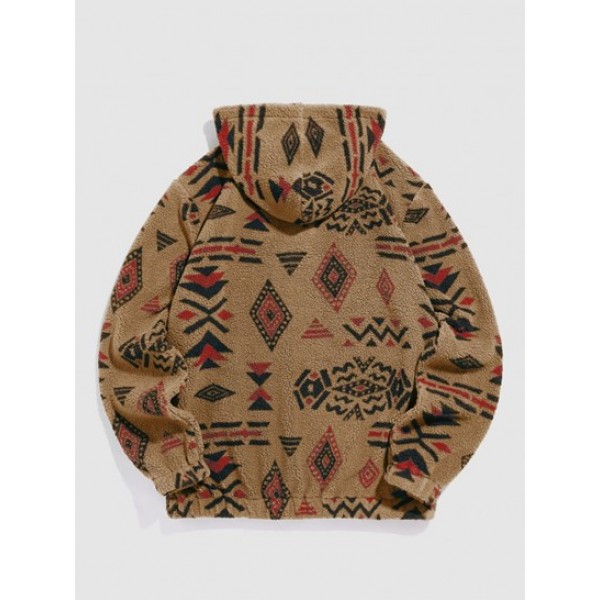 Quarter Zip Pocket Ethnic Aztec Tribal Print Pullover Fuzzy Hoodie