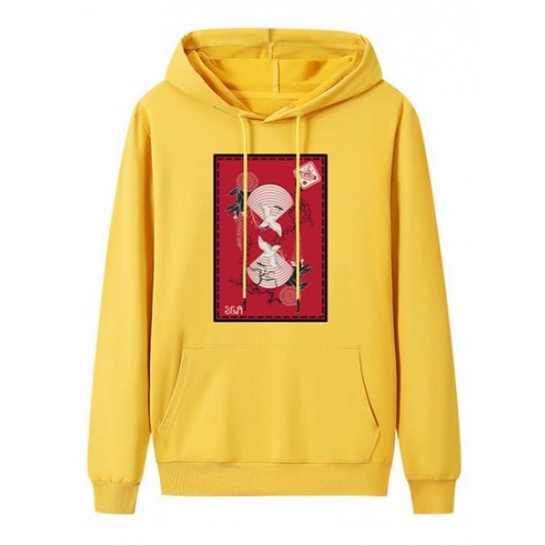 Front Pocket Fleece Lined Chinese Graphic Hoodie