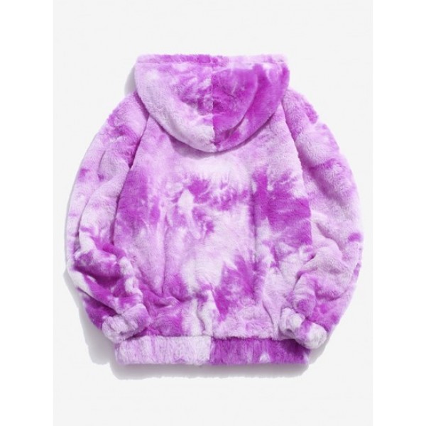 Kangaroo Pocket Tie Dye Pattern Faux Fur Fluffy Hoodie