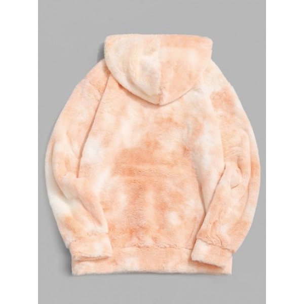 Front Pocket Applique Fleece Tie Dye Faux Fur Fluffy Hoodie