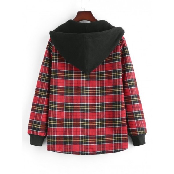 Fuzzy Flannel Plaid Fleece Lined Hooded Shirt Jacket