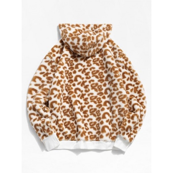 Leopard Pattern Fluffy Fleece Faux Fur Teddy Hoodie