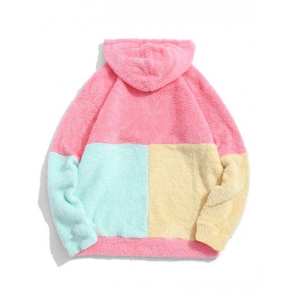 Color-blocking Splicing Half Zipper Fuzzy Hoodie