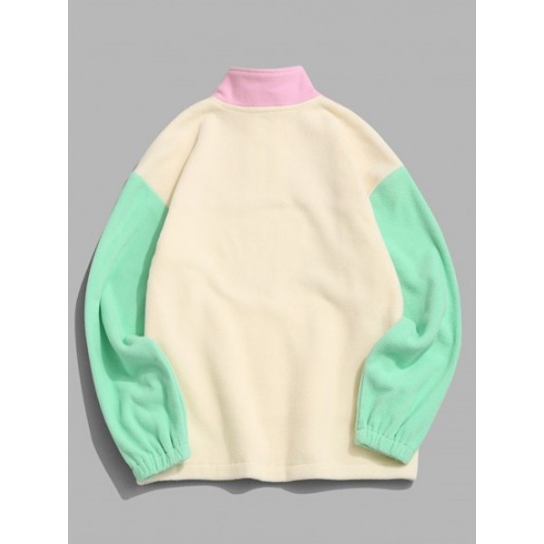 Colorblock Quarter Zip Kangaroo Pocket Fluffy Sweatshirt