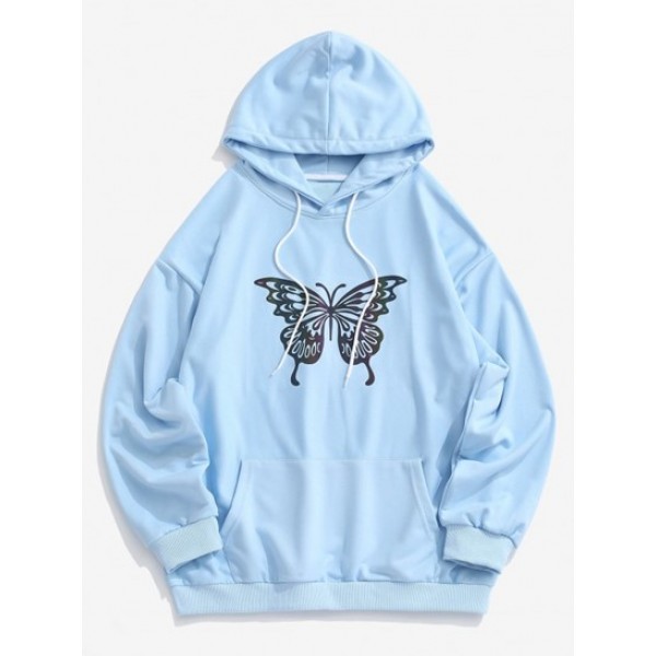 Y2K Aesthetic Reflective Butterfly Print Drop Shoulder Hoodie