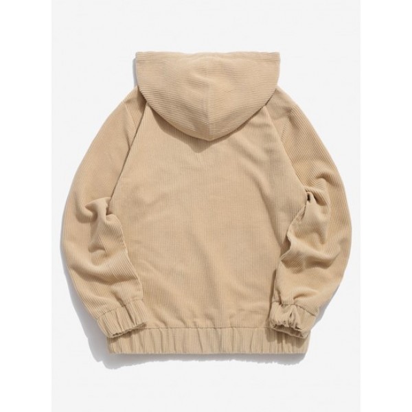 Half Button Solid Kangaroo Pocket Corduroy Hoodie