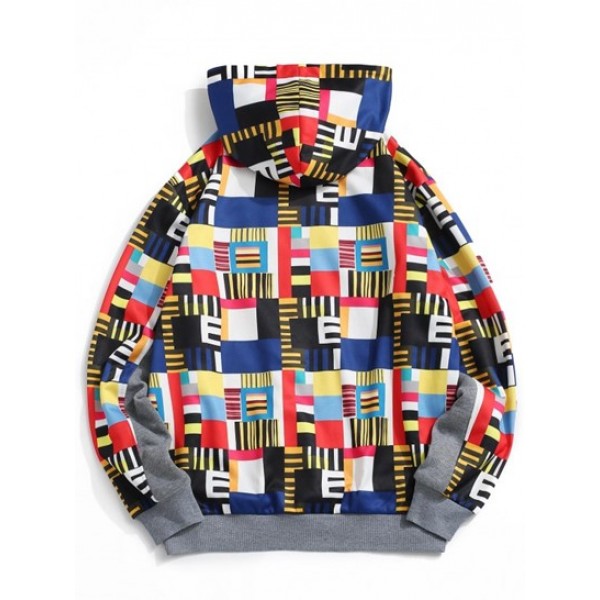 Geometric Pattern Front Pocket Fleece Hoodie