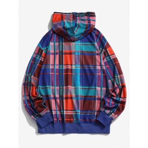 Colored Plaid Pattern Front Pocket Hoodie