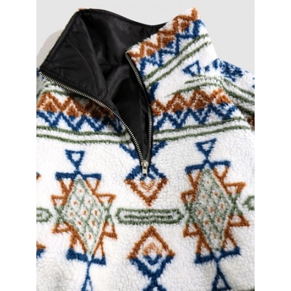 Tribal Ethnic Aztec Printed Quarter Zip Teddy Sweatshirt