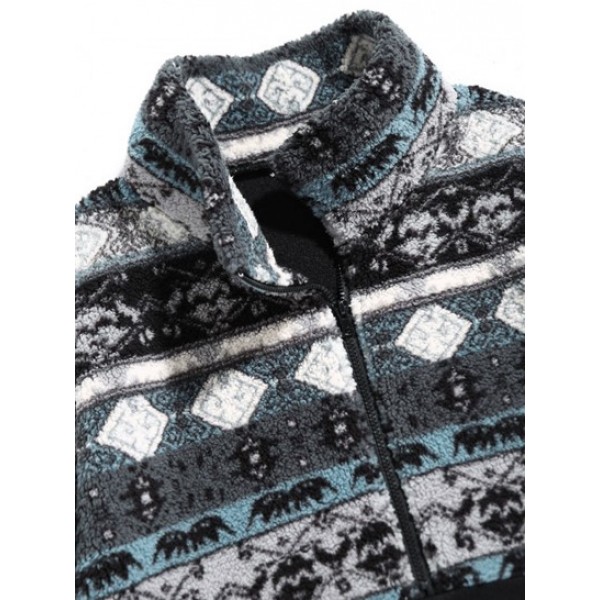 Ethnic Aztec Print Tribal Fluffy Polar Fleece Splicing Half Zip Sweatshirt