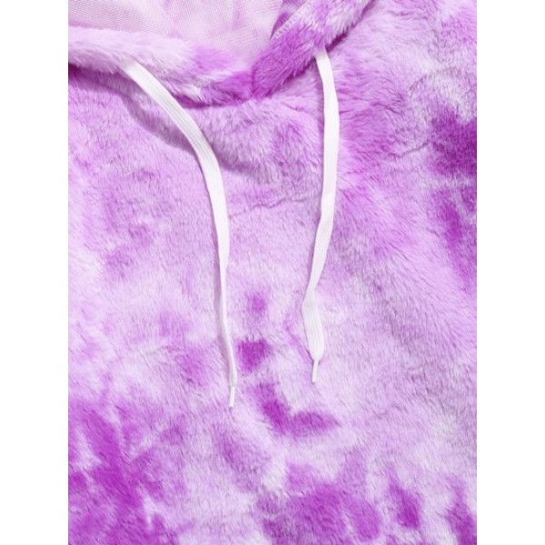 Kangaroo Pocket Tie Dye Pattern Faux Fur Fluffy Hoodie