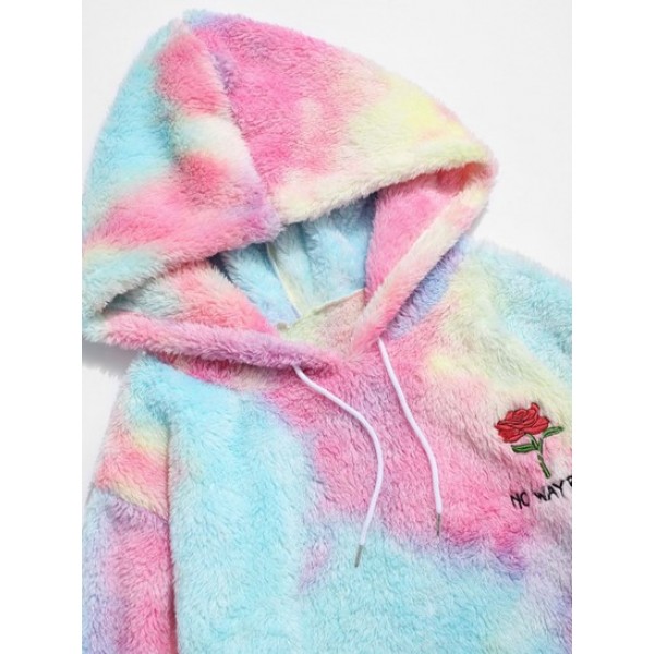 Rose Flower Embroidered Tie Dye Fluffy Hoodie