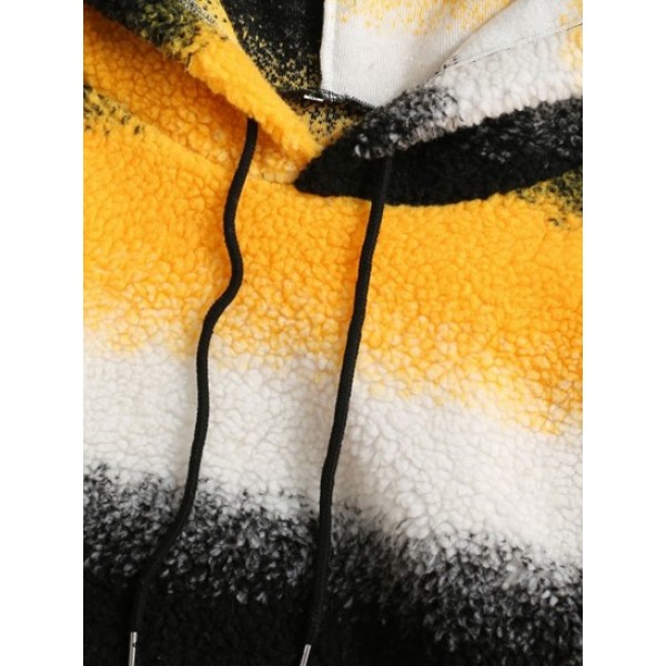 Front Pocket Colorblock Fleece Stripes Teddy Hoodie