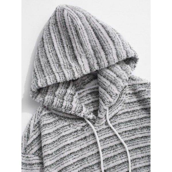 Kangaroo Pocket Striped Pattern Fluffy Hoodie