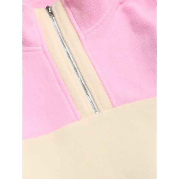 Colorblock Quarter Zip Kangaroo Pocket Fluffy Sweatshirt