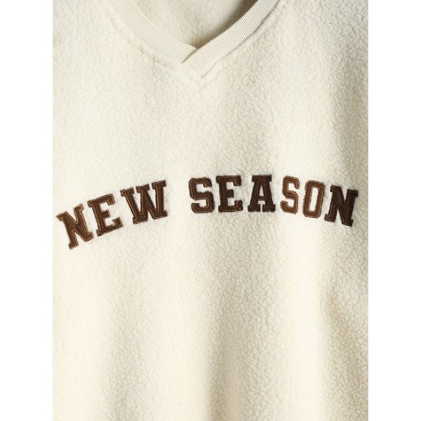 NEW SEASON Embroidered Stripe Trim Teddy Sweatshirt