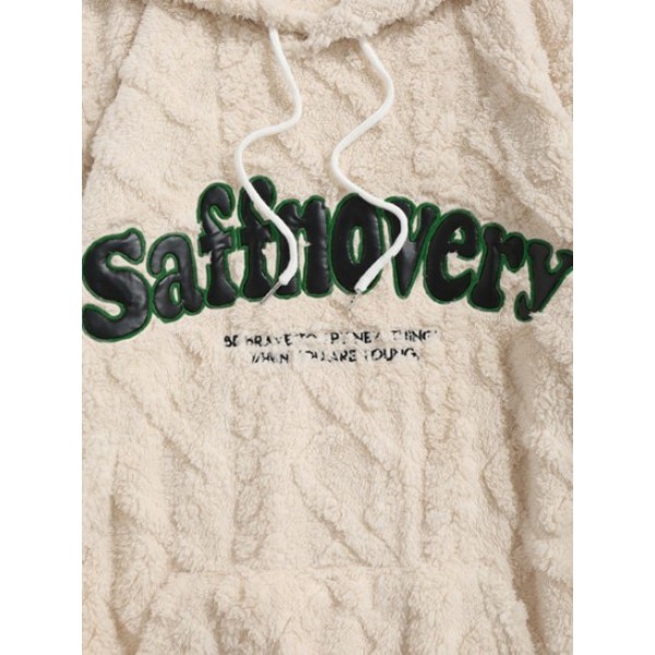 Letter Embroider Fluffy Flannel Drawstring Hoodie