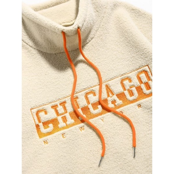 Faux Shearling Drawstring Design CHICAGO Embroidered Sweatshirt