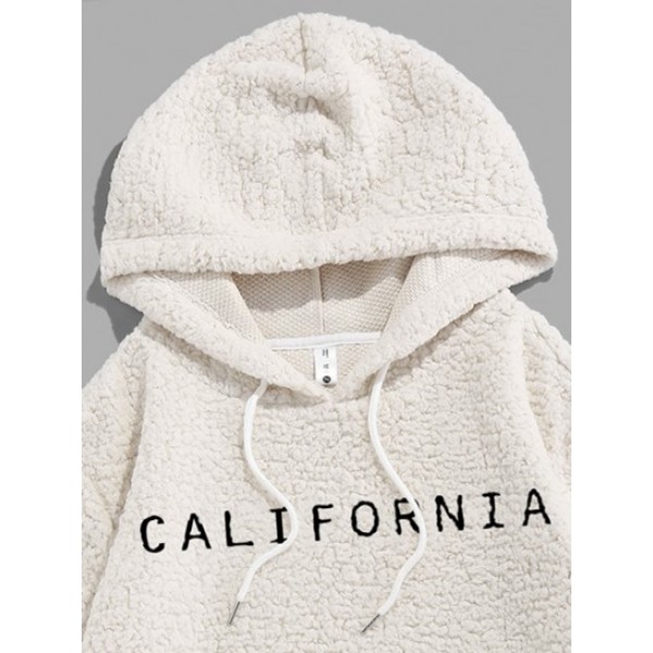 Letter Embroidered Faux Shearling Fleece Fluffy Vintage Essentials Hoodie