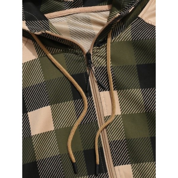 Plaid Print Raglan Sleeve Zip Up Hoodie