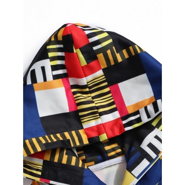 Geometric Pattern Front Pocket Fleece Hoodie