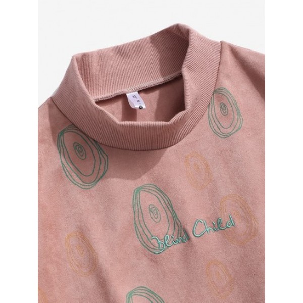 Circle Print Letter Embroidered Suede Sweatshirt