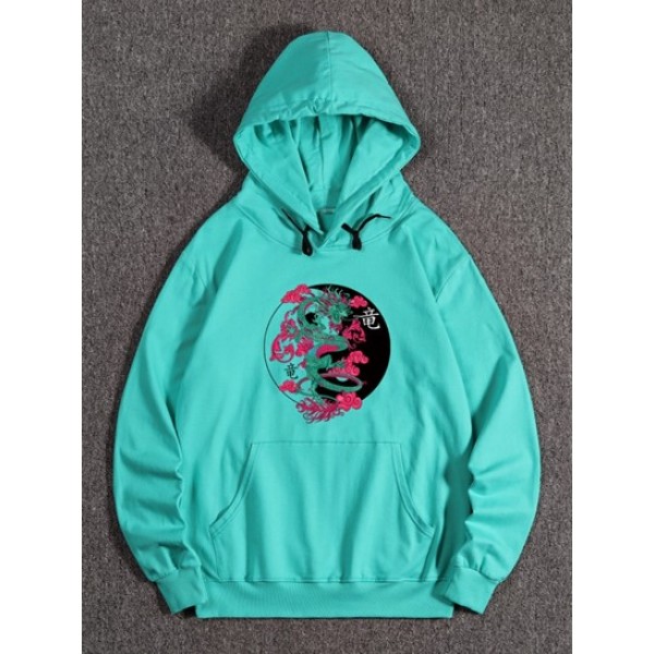 Kangaroo Pocket Dragon Print Fleece Graphic Hoodie