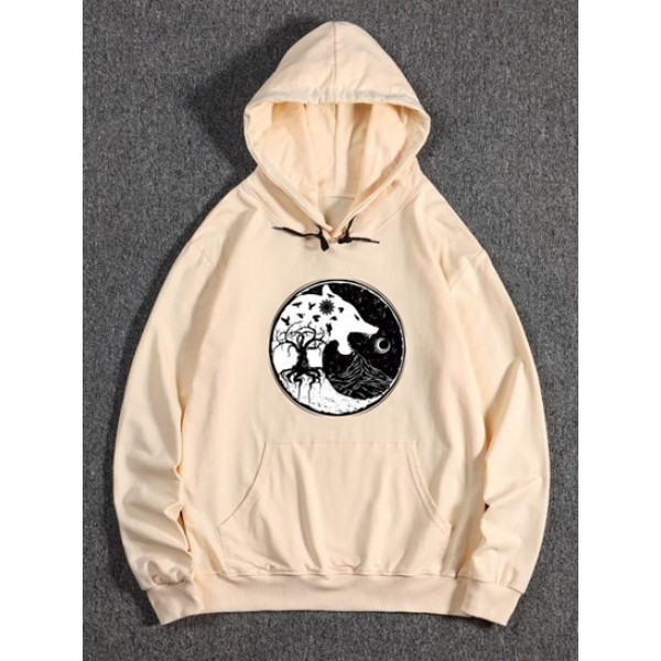 Tree Wolf Print Front Pocket Fleece Hoodie