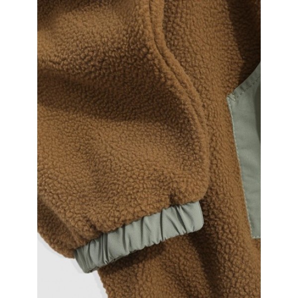 Oversized Colorblock Toggle Drawstring Fleece Faux Shearling Fluffy Hoodie