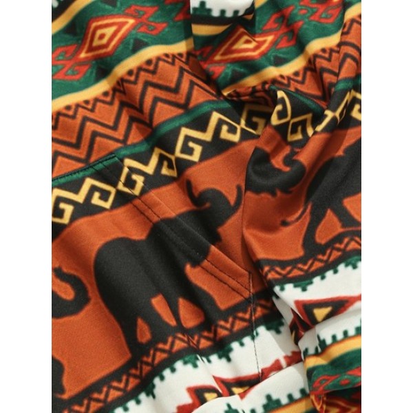 Elephant Ethnic Aztec Tribal Print Kangaroo Pocket Hoodie