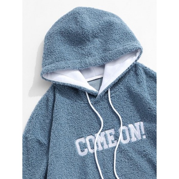 Come On Embroidery Elbow Patched Fluffy Teddy Hoodie