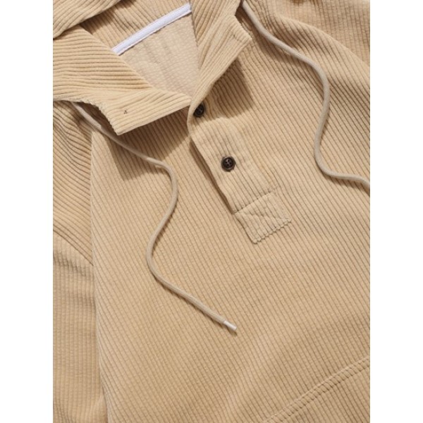 Half Button Solid Kangaroo Pocket Corduroy Hoodie