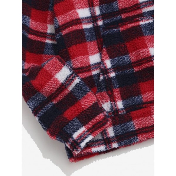 Plaid Letter Embroidery Quarter Zip Teddy Sweatshirt