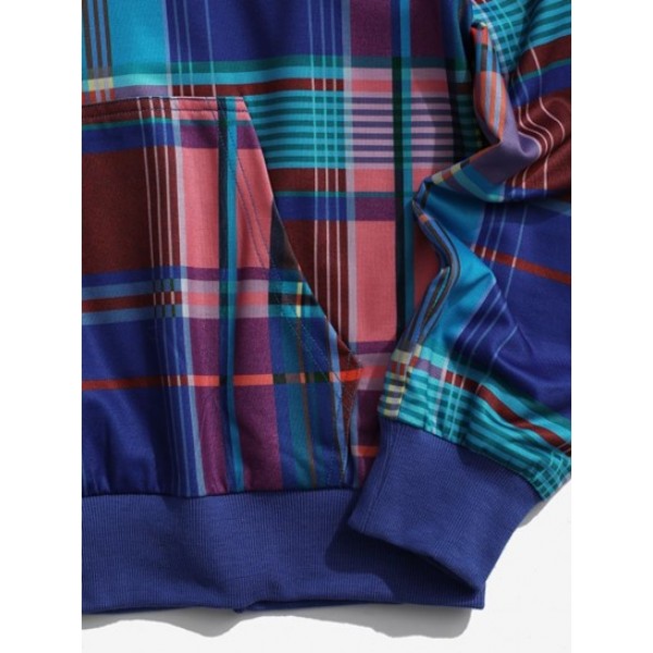 Colored Plaid Pattern Front Pocket Hoodie