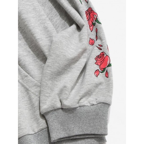 Kangaroo Pocket Flower Rose Print Graphic Hoodie