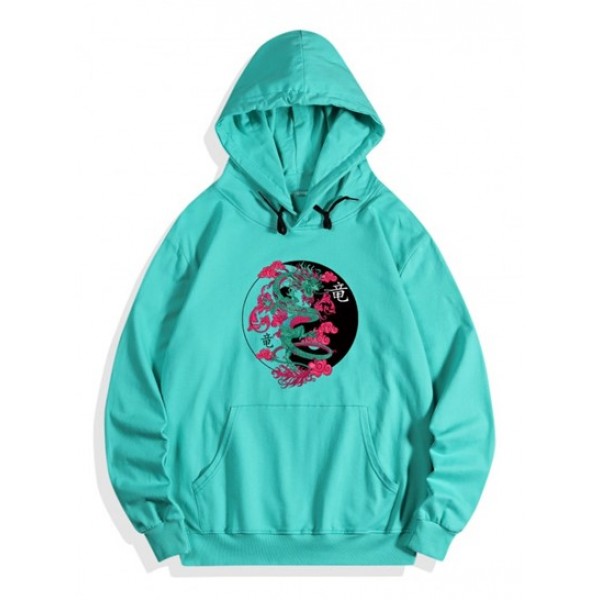 Kangaroo Pocket Dragon Print Fleece Graphic Hoodie